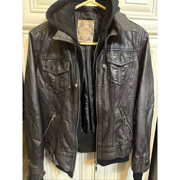 Downtown Coalition Women's Faux Leather Hooded Biker Moto Jacket Black Size XS - Picture 5 of 10